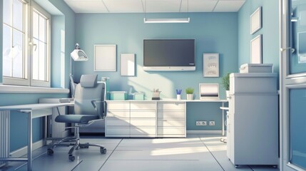 Modern doctor's workplace in a clinical office with medical equipment, laboratory tools, and a computer for patient records, highlighting a professional healthcare environment for scientific research 