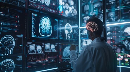Doctor and surgeon analyzing patient's brain test results on futuristic digital holographic interface, advanced human anatomy visualization for innovative science and medicine applications