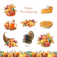 Thanksgiving festive decor elements set. Watercolor vintage style illustration. Hand drawn autumn floral decor, apple pie, cornucopia, turkey, food, drinks. Thanksgiving elements on white background