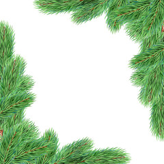 Fir tree branch decor frame painted illustration. Pine twigs with green needles frame decoration on white background. Winter holiday evergreen vintage style decoration, spruce or cedar decor element