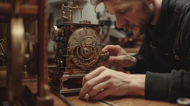Clockmaker at Work in a Vintage Workshop