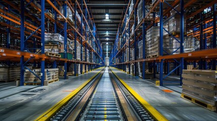 Fototapeta premium Modern High-Rise Warehouse Storage Facility with Rail Tracks
