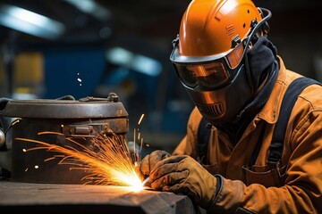 Welder in safety helmet and gloves concentrates on task sparks flying welds metal