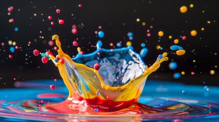Multi-colored abstract droplet collision with vibrant water and powdered dye, capturing dynamic science concept in high-speed photography