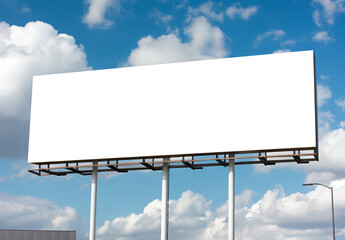 Obraz premium Blank Billboard Mockup Against Blue Sky. Empty white billboard mockup set against a bright blue sky with fluffy clouds. Perfect for outdoor advertising design presentations.