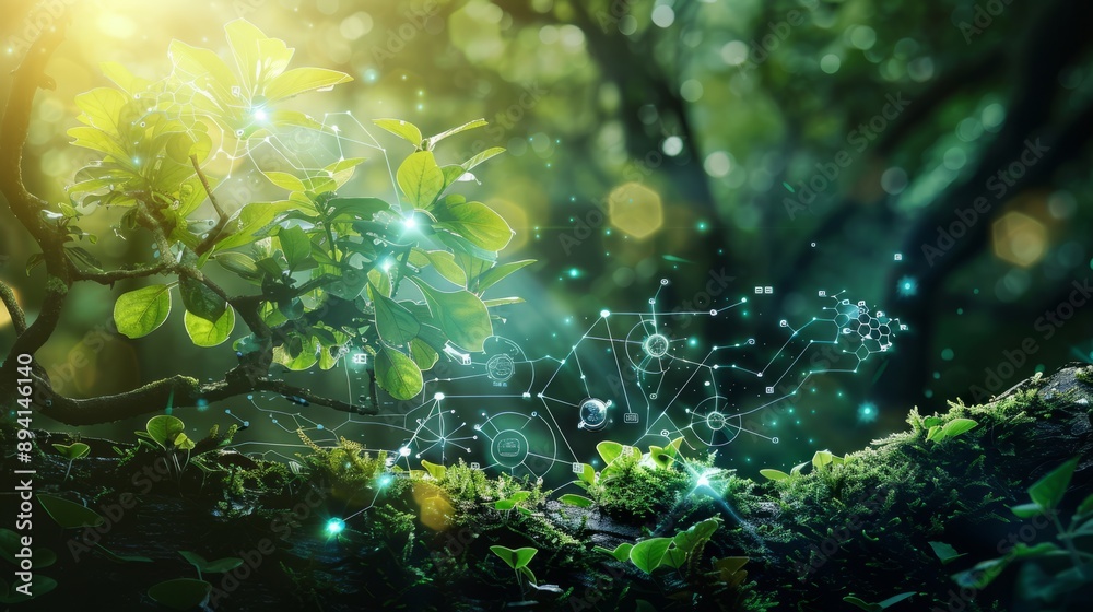Sticker ecological environment and energy concept with technological visuals and molecular symbols explained