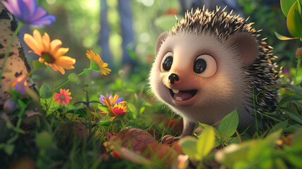 Colorful cartoon hedgehog with large expressive eyes and a friendly smile, exploring a vibrant forest filled with animated flowers and greenery, rendered in UHD 