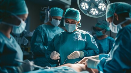 A team of doctors performing surgery on a patient in a hospital operating room.
