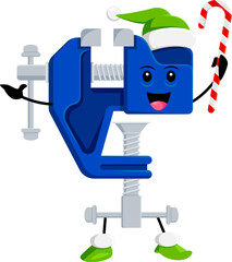 Cartoon Christmas vice diy and repair tool character. Isolated vector construction instrument in festive hat hold candy cane, spreading holiday cheer with a merry twist on craftsmanship and sweetness