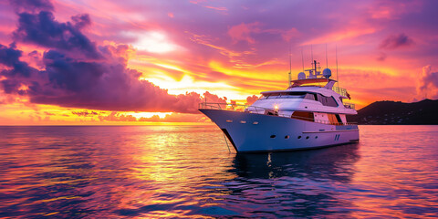 Naklejka premium Luxury Yacht Amidst Vibrant Sunset Sky on Tranquil Ocean Waters