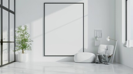 Large blank frame in a minimalist office with sleek furniture