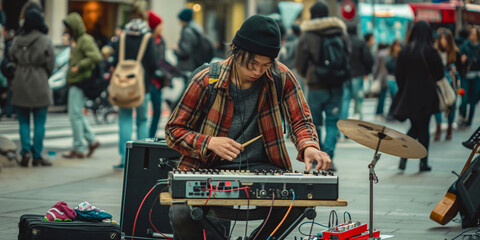 Naklejka premium Street Musician Performing with Synthesizer and Drums in Busy Urban Area