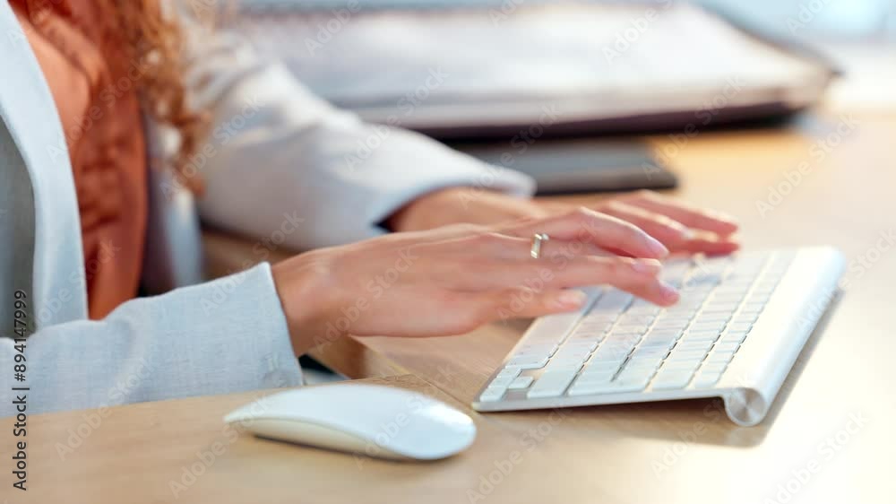 Sticker Closeup of the hands of a business woman typing on computer keyboard in an office using bluetooth. Entrepreneur working on a computer, researching, compiling reports and planning in a startup company