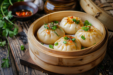 Bao - Traditional dish made from dough with steamed meat. Lunch, chinese food. Chinese steamed pork bun. National Bao Day - fun and tasty celebration that happens every August 22nd.