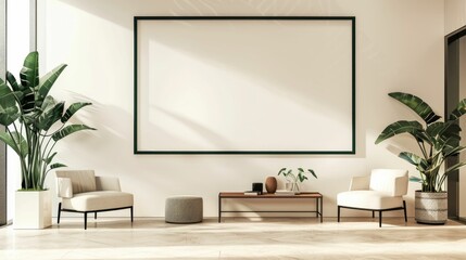 Large blank frame in a minimalist office with sleek furniture