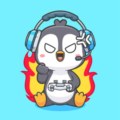 Cute Angry Penguin Gaming Cartoon Vector Icon Illustration