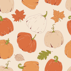 Happy Thanksgiving Day background. Colorful seamless pattern with pumpkins and fall leaves. Modern vector repeating illustration