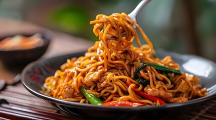 Fried noodles or Mee Goreng Mamak on a wooden background. Close-up of fork twirling mee goreng mamak noodles.
