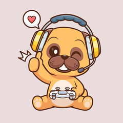 Cute Pug Dog Gaming Cartoon Vector Icon Illustration