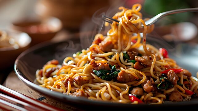 Fried noodles or Mee Goreng Mamak on a wooden background. Close-up of fork twirling mee goreng mamak noodles.