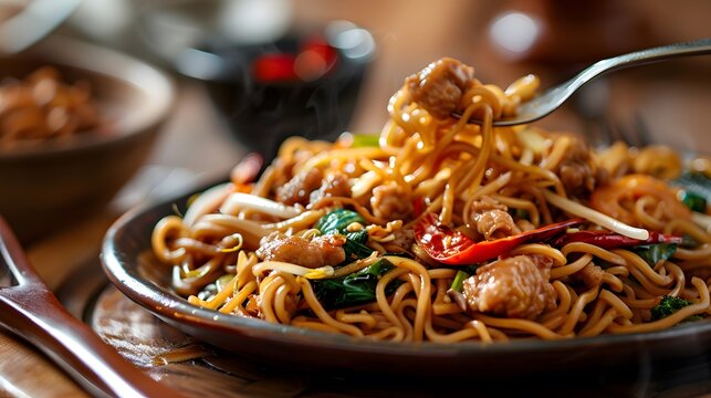 Fried noodles or Mee Goreng Mamak on a wooden background. Close-up of fork twirling mee goreng mamak noodles.