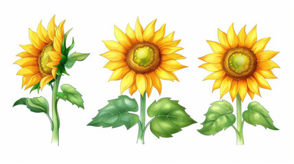 Obraz premium Bright sunflowers stand out against a white backdrop, showcasing detailed watercolor botanical illustrations of natures beauty.