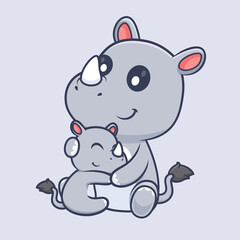 Cute Rhino Hugging Baby Rhino Cartoon Vector Icon Illustration