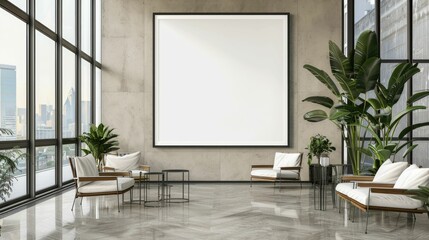 Large blank frame in a minimalist office with sleek furniture