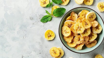 Organic banana chips A healthy and sweet snack option on a menu with a top view and space for text
