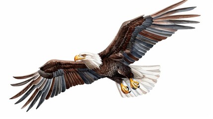 Fototapeta premium A stunning watercolor depiction of an eagle soaring against a crisp white background, showcasing its majestic wings and power.