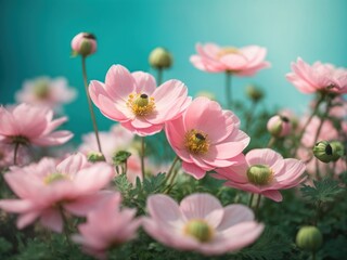 Gently pink flowers of anemones outdoors in summer