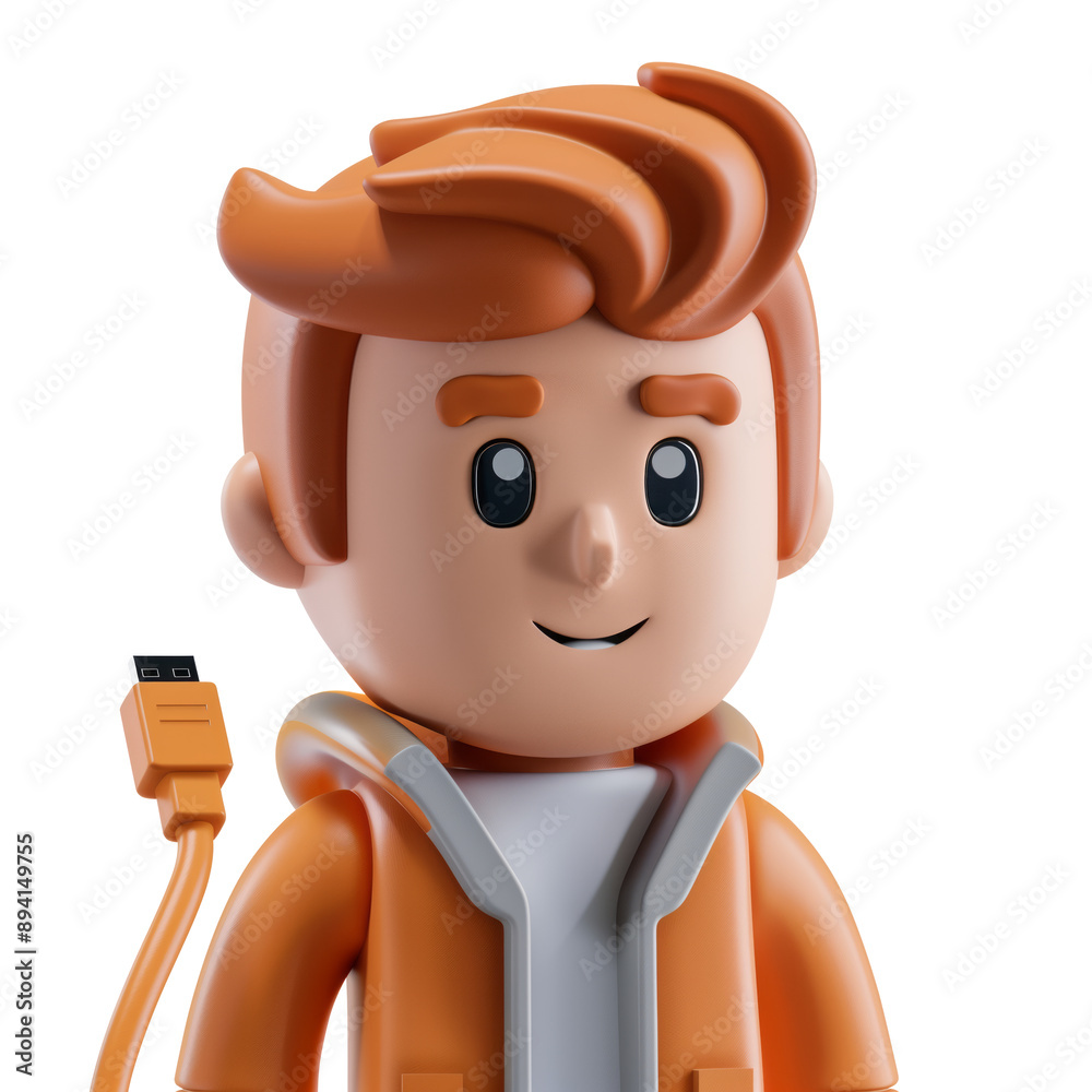 Sticker 3d boy with usb cable-2, on isolated transparent background