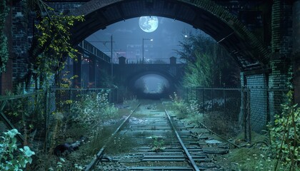 Fototapeta premium Eerie Moonlit Path Abandoned Railroad Tracks Under a Full Moon, Deep, Worn Urban Path, Mystical, Atmospheric, Night Photography, Urban Exploration, Abandoned, Graffiti, Train Tracks, Moonlight