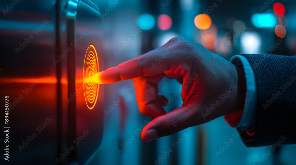Aufkleber a person is pointing at a button with a red circle on it.generative ai illustration.