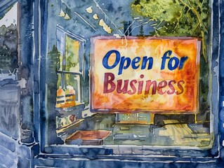 Watercolor painting of a place open for business. Sign graffiti. Use for wallpapers, posters, postcards, brochures