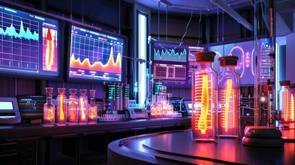Obraz premium Medical research lab with glowing test tubes and digital charts