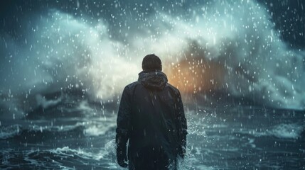 Obraz premium Lone figure facing turbulent sea under stormy sky, battling powerful waves and harsh weather conditions with determination and resilience.