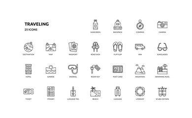 traveling adventure holiday vacation leisure tourism outline line icon set