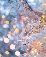 A delicate white cherry blossom tree with glowing lights creates an enchanting, dreamy atmosphere. The blurred background highlights each petal&rsquo;s intricate details, ideal for romantic or springtime-th