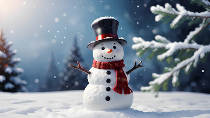 Happy snowman standing in Christmas winter background