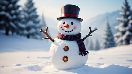 Obraz premium Happy snowman standing in Christmas winter background