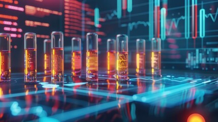 Medical research lab with glowing test tubes and digital charts