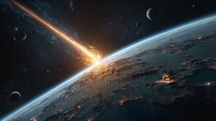 Obraz premium Meteor or asteroid crashing to a planet as seen in space, galaxy or unverse. Astronomy wallpaper background
