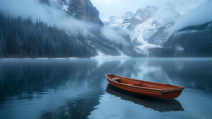 A boat against the backdrop of mountains in Switzerland. Traveling lake between Switzerland and the Alps