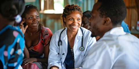 African doctor and patients having a conversation in a clinic setting.