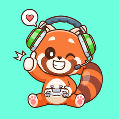 Cute Red Panda Gaming Cartoon Vector Icon Illustration