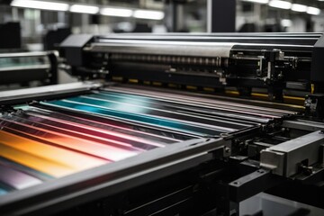 Close-up of printing press CMYK ink system revealing vibrant lines of cyan magenta yellow and black