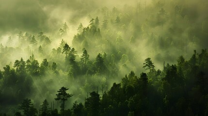 Fototapeta premium A forest with trees in the background and a misty sky. 