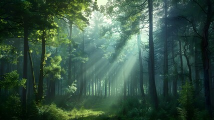 Obraz premium A forest with trees in the background and a misty sky. 