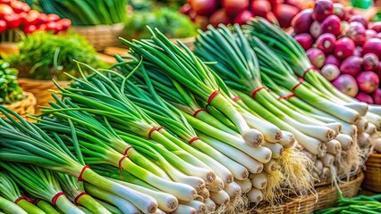 Obraz premium Fresh scallions for sale at the vibrant farmers market, scallions, green onions, vegetables, produce, market, stalls, organic